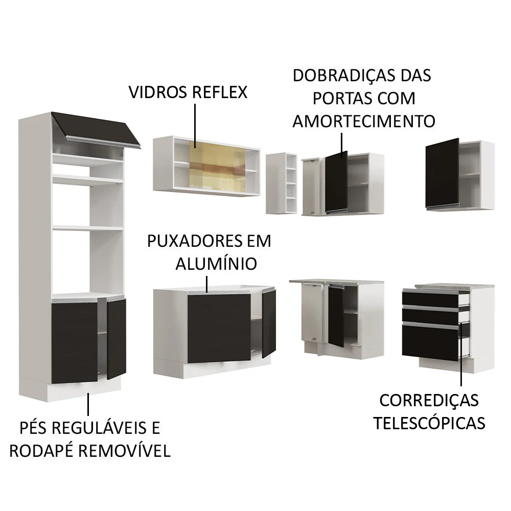 Armário de Cozinha Completa de Canto 399cm Branco Preto Glamy Madesa 02 - Image 4