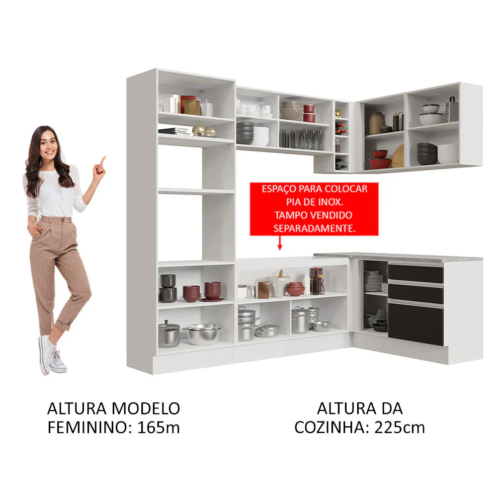Armário de Cozinha Completa de Canto 399cm Branco Preto Glamy Madesa 02 - Image 5