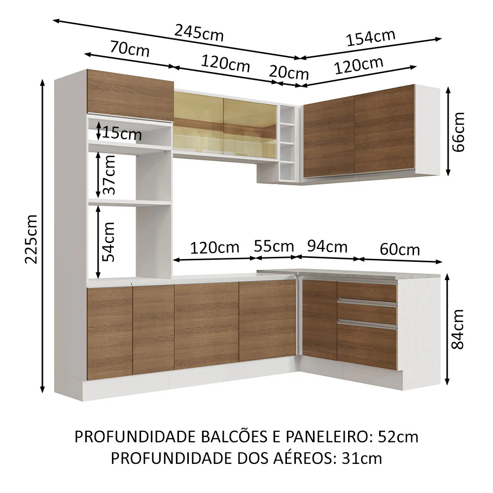 Armário de Cozinha Completa de Canto 399cm Branco Rustic Glamy Madesa 02 - Image 3