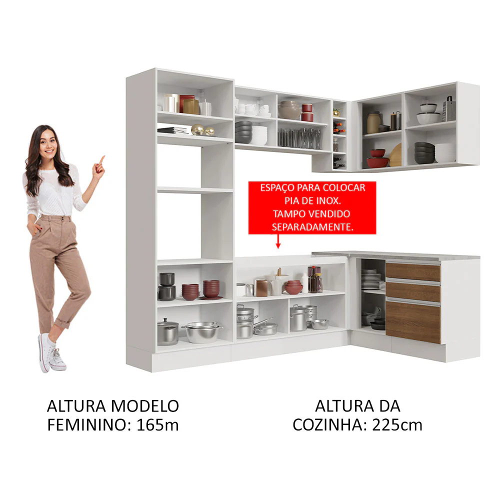 Armário de Cozinha Completa de Canto 399cm Branco Rustic Glamy Madesa 02 - Image 5