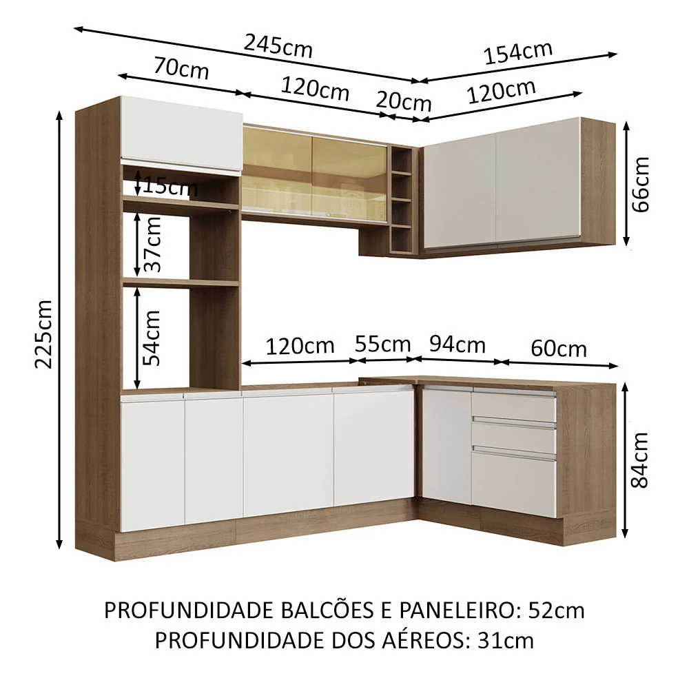 Armário de Cozinha Completa de Canto 399cm Rustic Branco Glamy Madesa 02 - Image 3