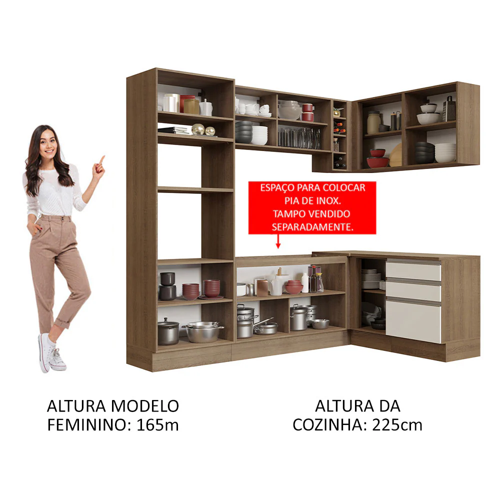 Armário de Cozinha Completa de Canto 399cm Rustic Branco Glamy Madesa 02 - Image 5