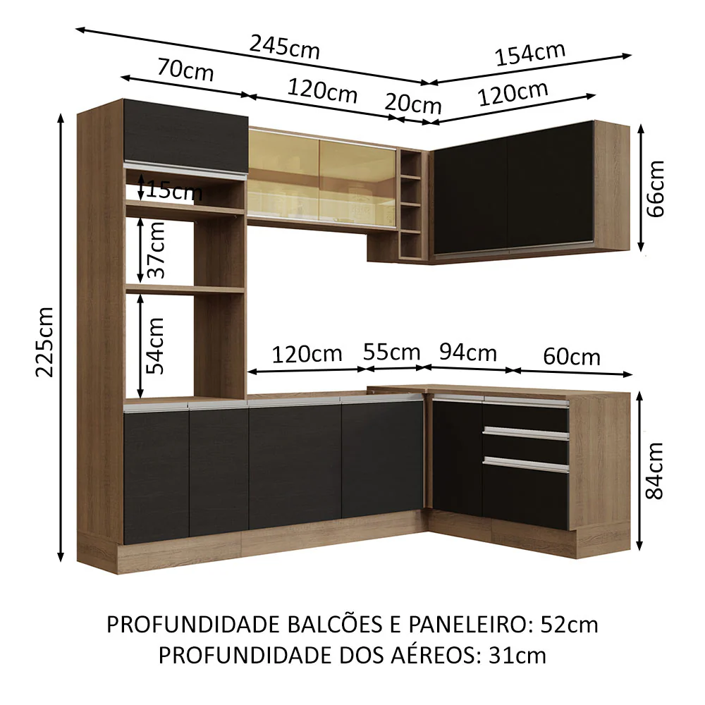 Armário de Cozinha Completa de Canto 399cm Rustic Preto Glamy Madesa 02 - Image 3