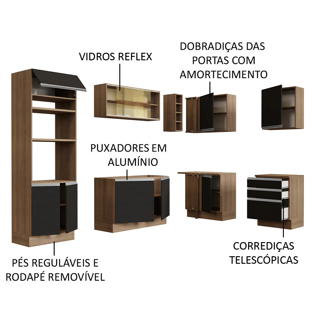 Armário de Cozinha Completa de Canto 399cm Rustic Preto Glamy Madesa 02 - Image 4