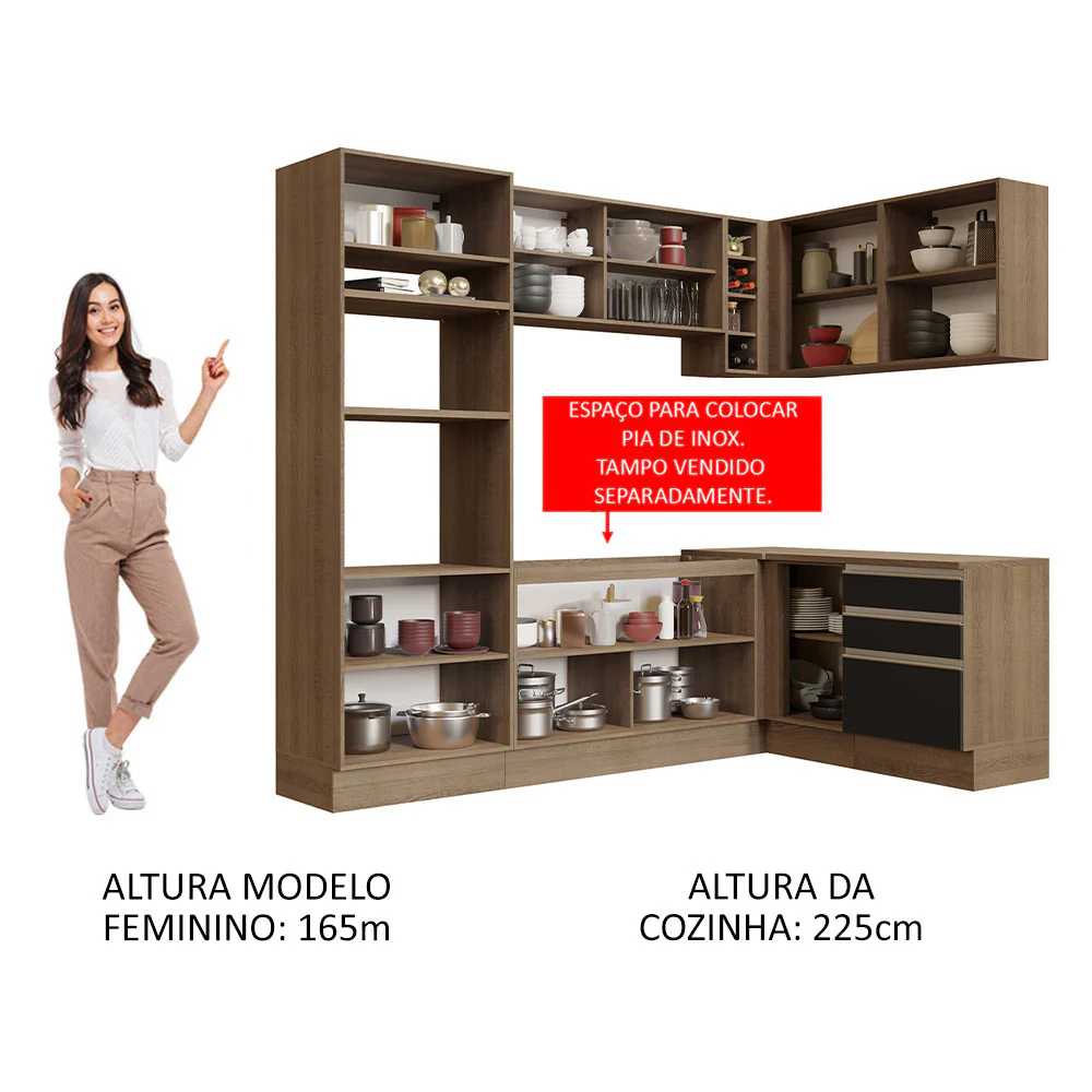 Armário de Cozinha Completa de Canto 399cm Rustic Preto Glamy Madesa 02 - Image 5