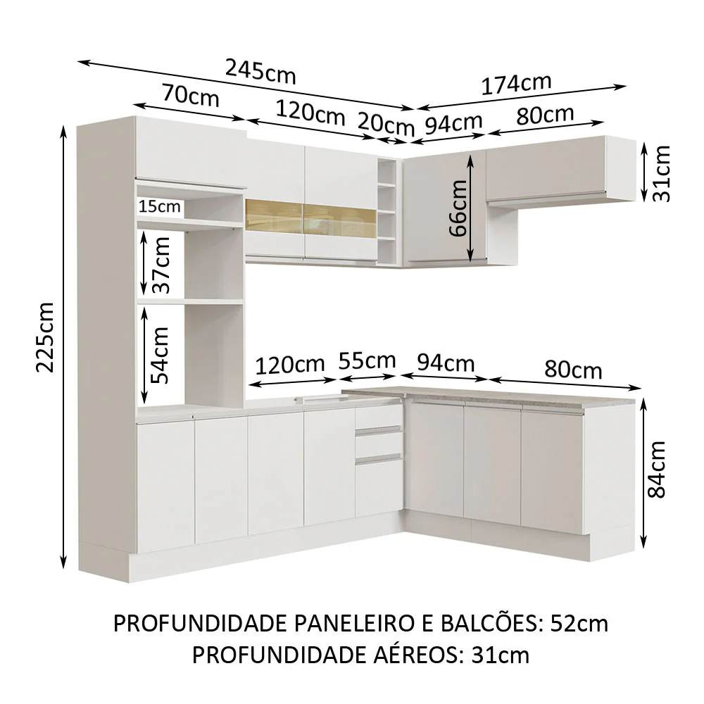 Armário de Cozinha Completa de Canto 419cm Branco Glamy Madesa 01 - Image 3