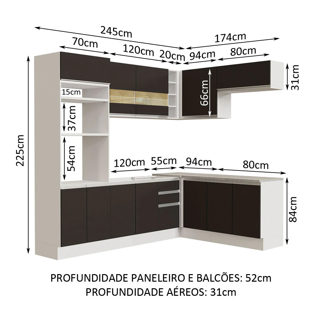 Armário de Cozinha Completa de Canto 419cm Branco/Preto Glamy Madesa 01 - Image 3