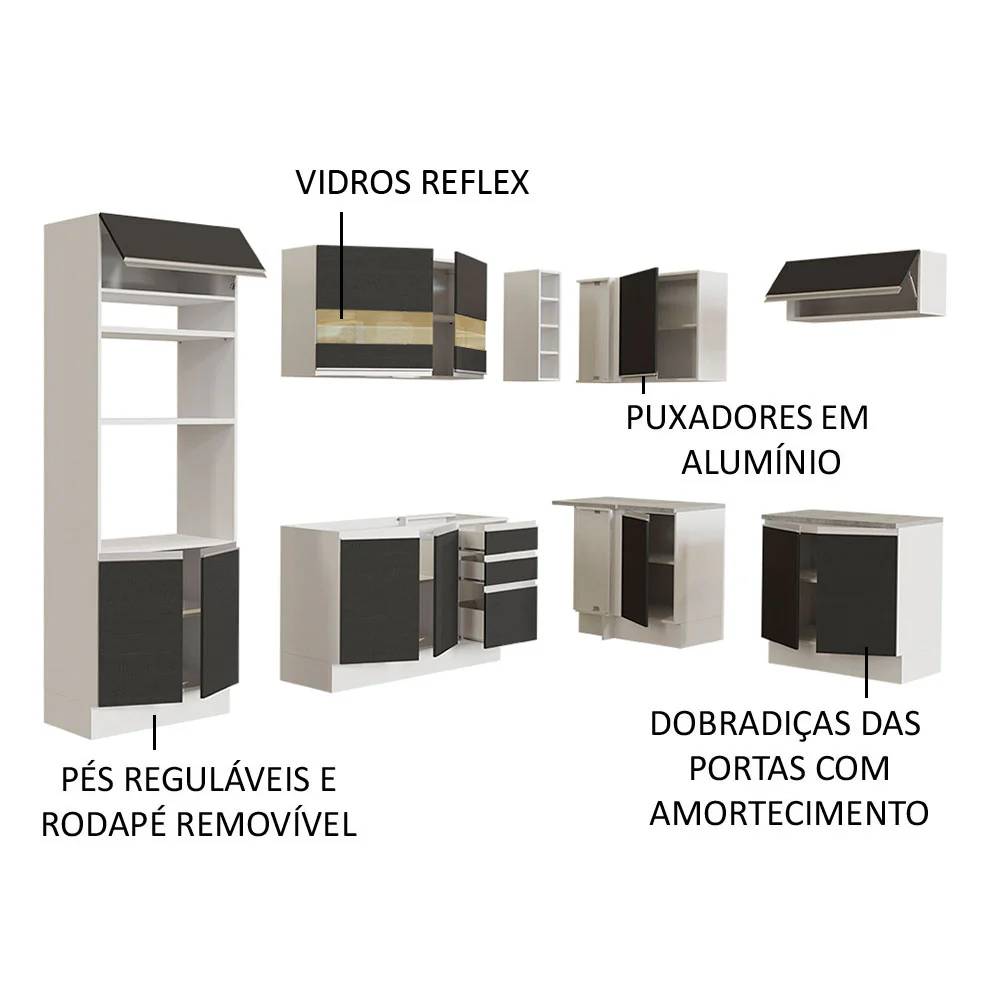 Armário de Cozinha Completa de Canto 419cm Branco/Preto Glamy Madesa 01 - Image 4