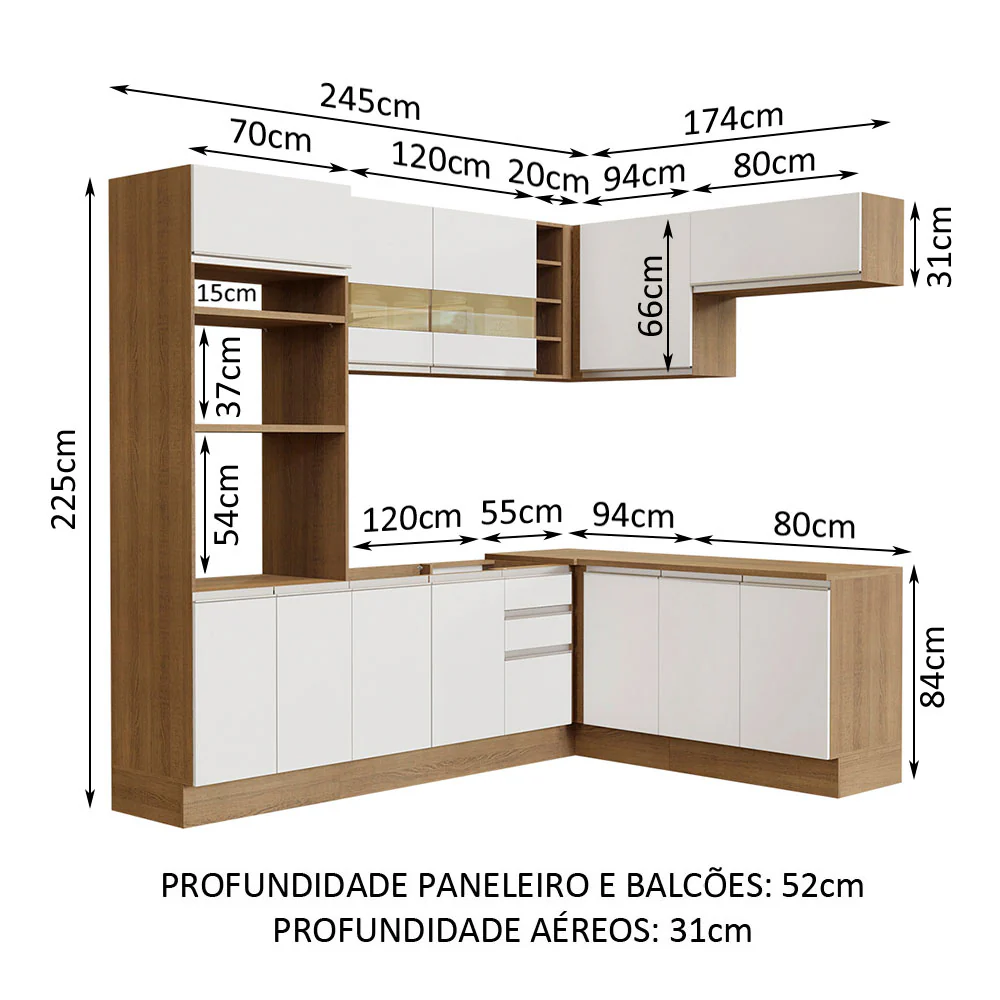 Armário de Cozinha Completa de Canto 419cm Rustic/Branco Glamy Madesa 01 - Image 3
