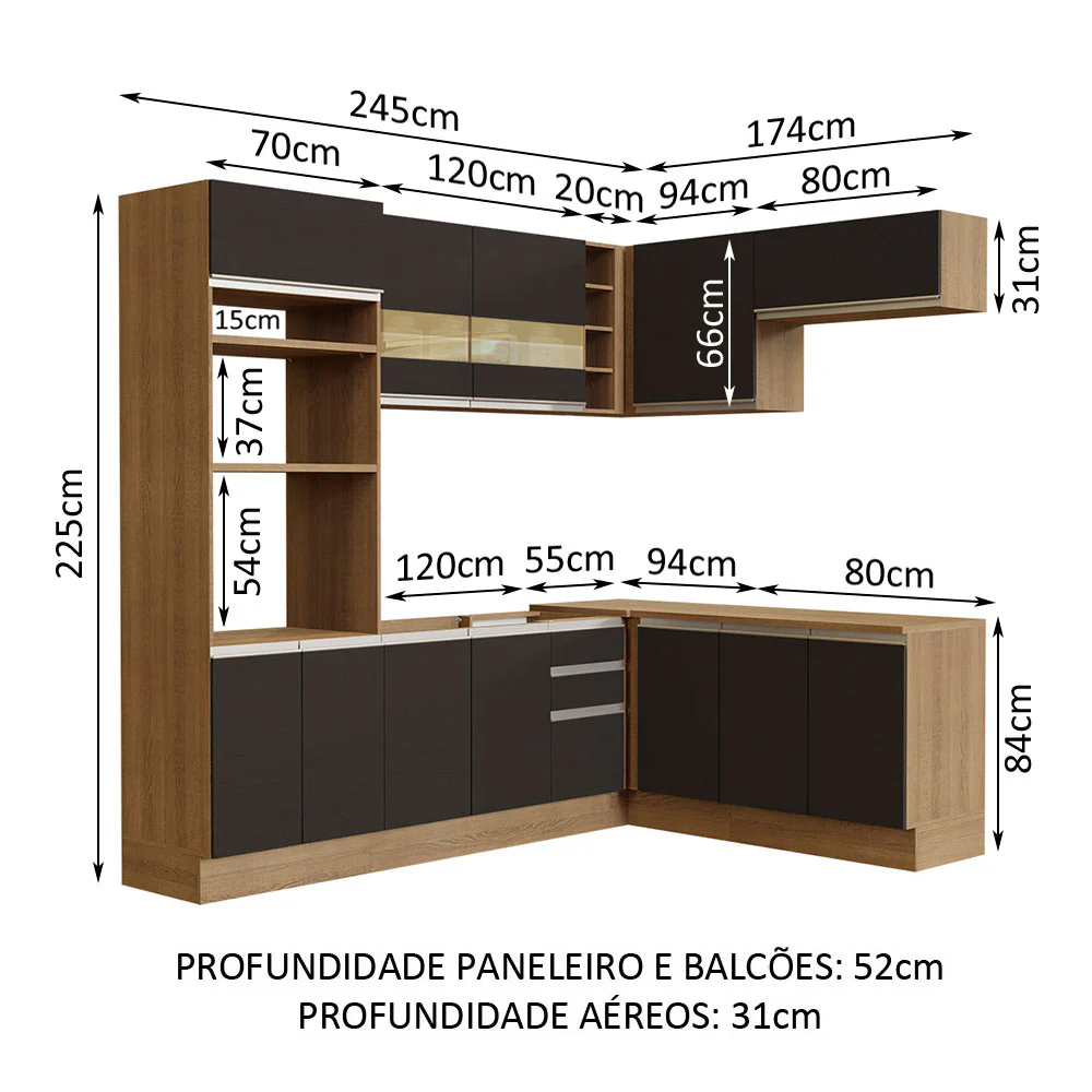 Armário de Cozinha Completa de Canto 419cm Rustic/Preto Glamy Madesa 01 - Image 3