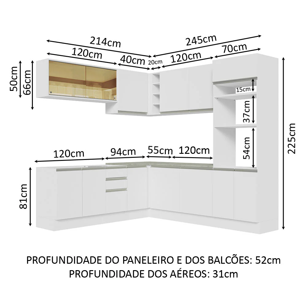 Armário de Cozinha Completa de Canto 459cm Branco Glamy Madesa 01 - Image 3