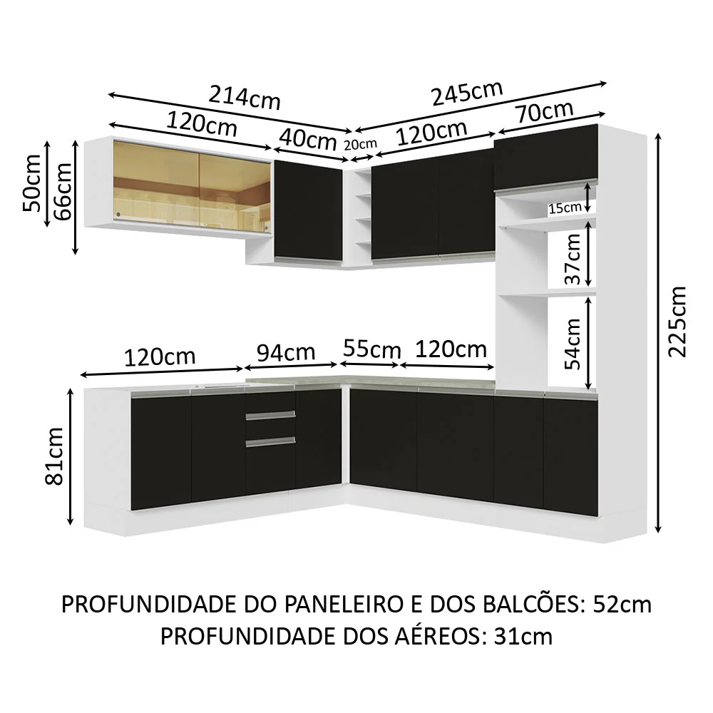 Armário de Cozinha Completa de Canto 459cm Branco Preto Glamy Madesa 01 - Image 3