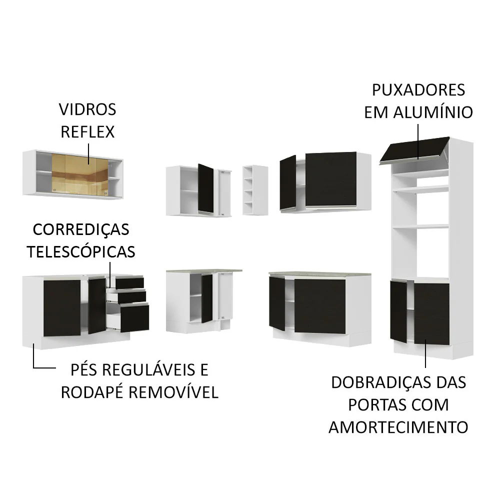 Armário de Cozinha Completa de Canto 459cm Branco Preto Glamy Madesa 01 - Image 4