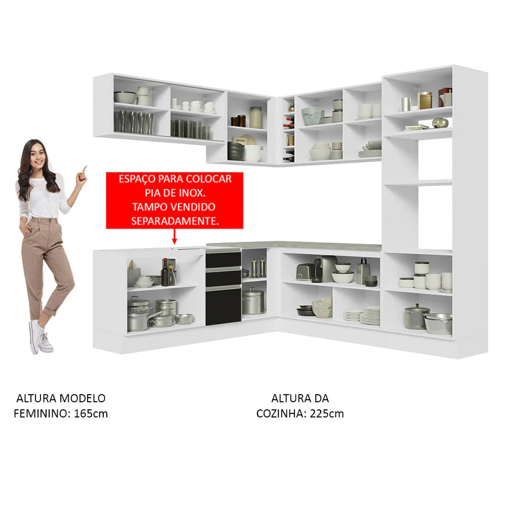 Armário de Cozinha Completa de Canto 459cm Branco Preto Glamy Madesa 01 - Image 5