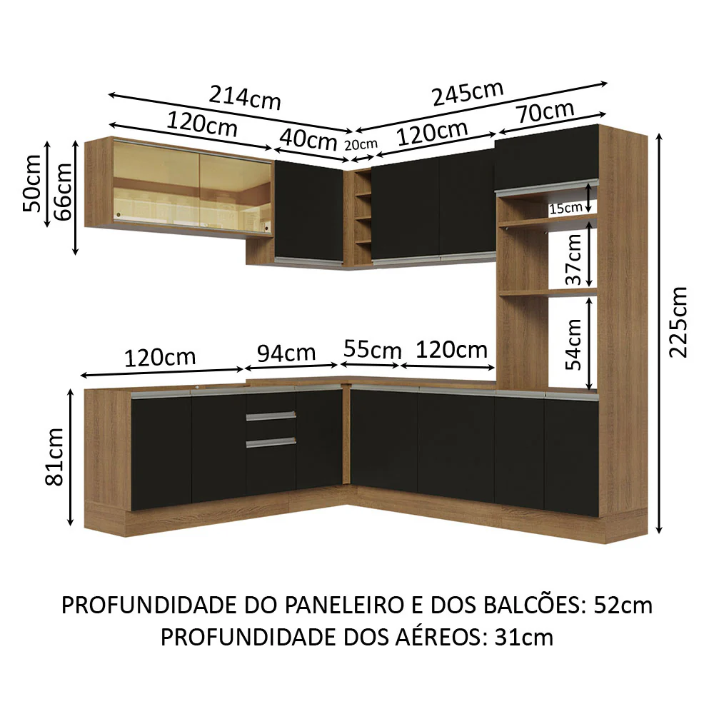 Armário de Cozinha Completa de Canto 459cm Rustic Preto Glamy Madesa 01 - Image 3