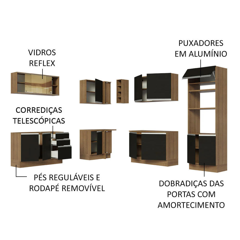 Armário de Cozinha Completa de Canto 459cm Rustic Preto Glamy Madesa 01 - Image 4