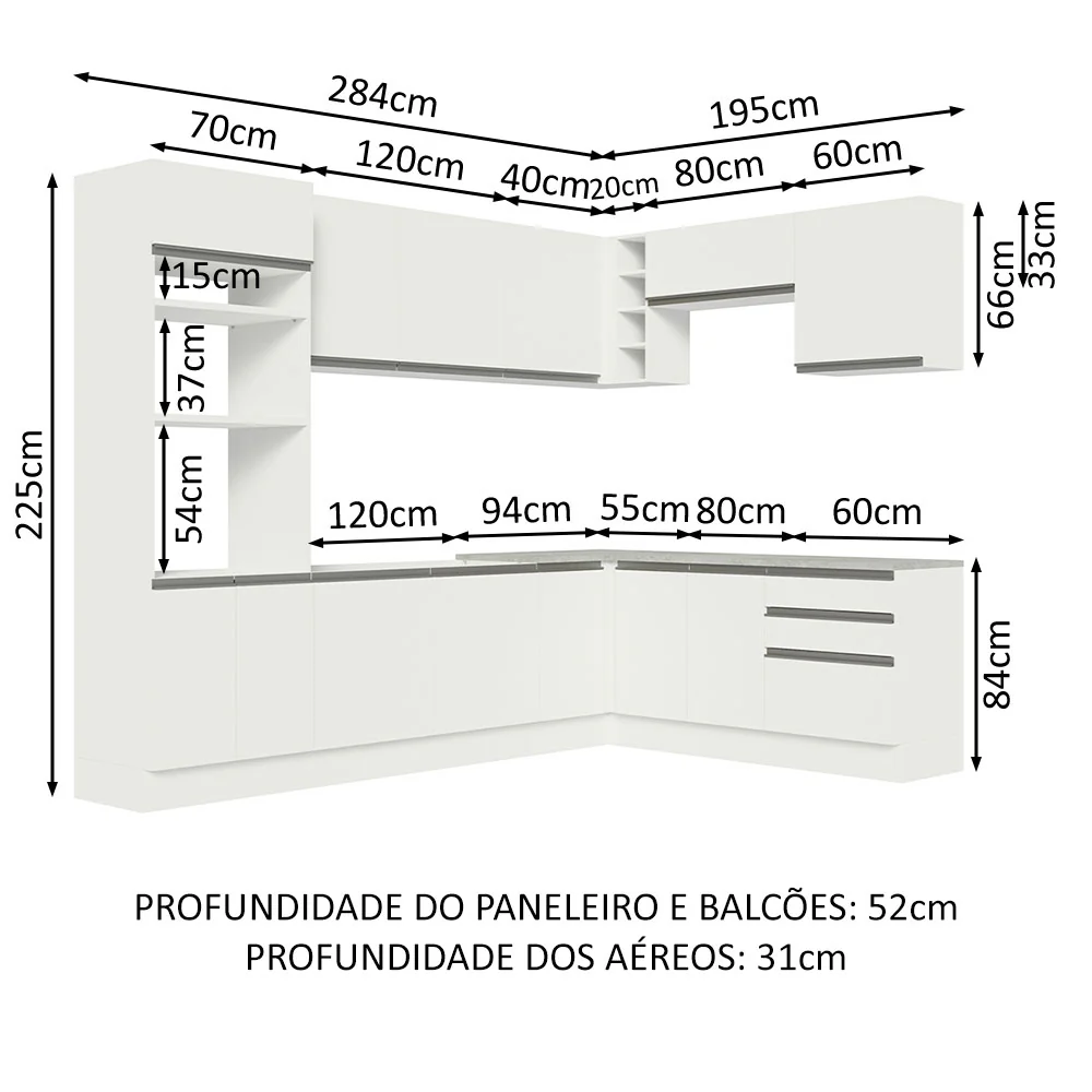 Armário de Cozinha Completa de Canto 479cm Branco Glamy Madesa 01 - Image 3