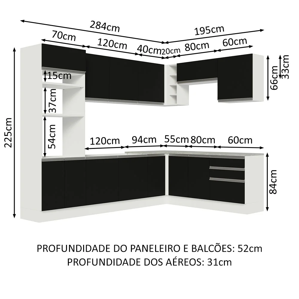Armário de Cozinha Completa de Canto 479cm Branco Preto Glamy Madesa 01 - Image 3