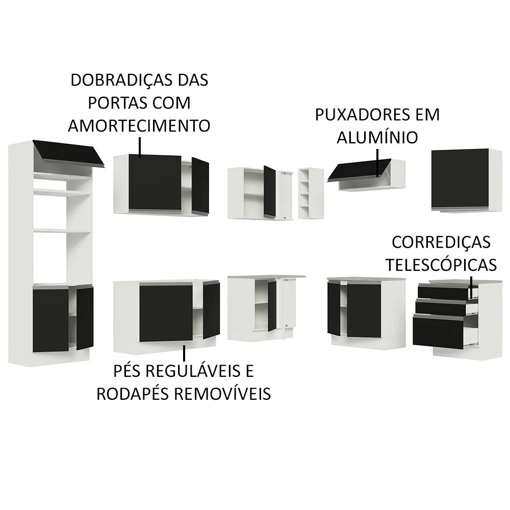 Armário de Cozinha Completa de Canto 479cm Branco Preto Glamy Madesa 01 - Image 4