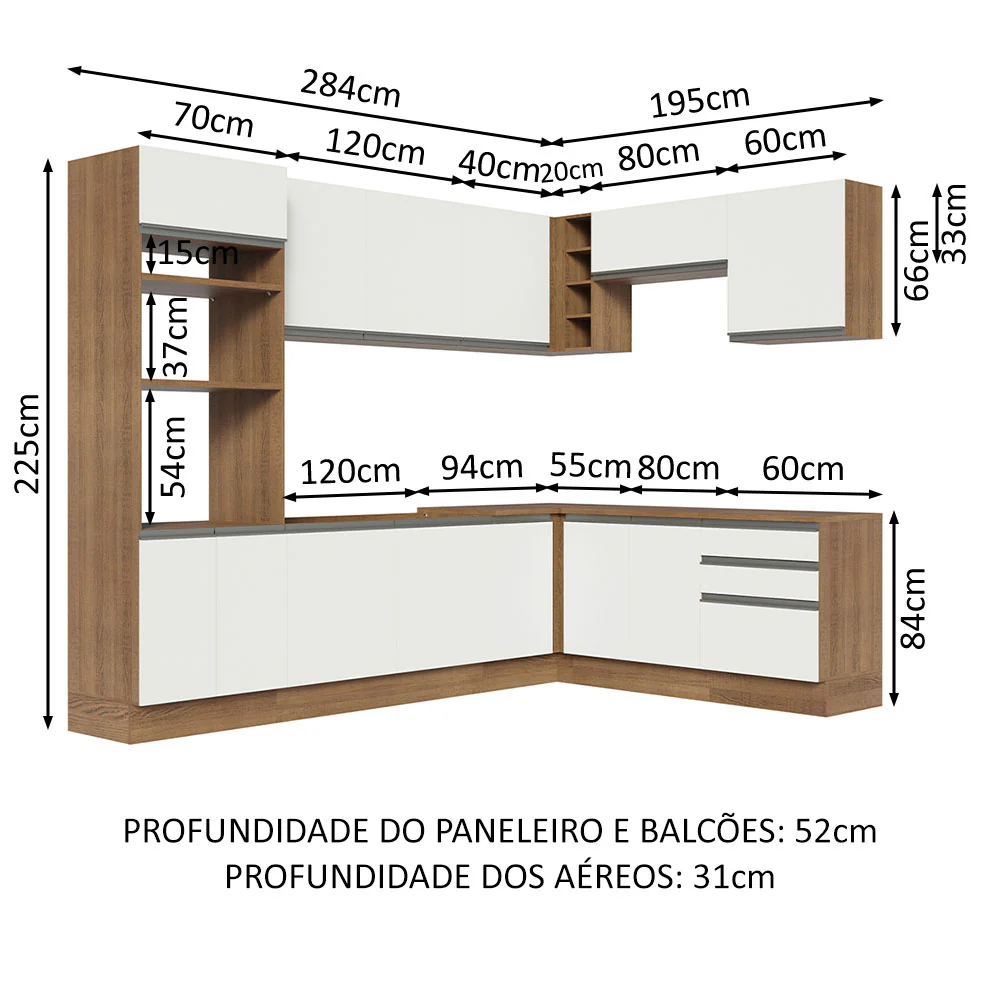Armário de Cozinha Completa de Canto 479cm Rustic Branco Glamy Madesa 01 - Image 3