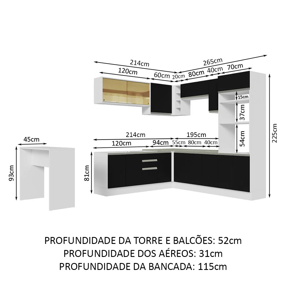 Armário de Cozinha Completa de Canto 504cm Branco/Preto Glamy Madesa 01 - Image 3