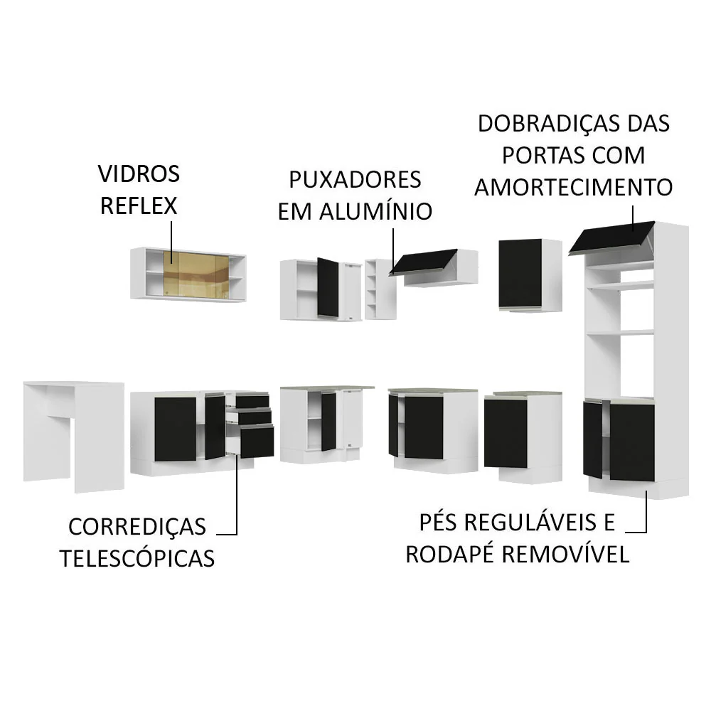 Armário de Cozinha Completa de Canto 504cm Branco/Preto Glamy Madesa 01 - Image 4