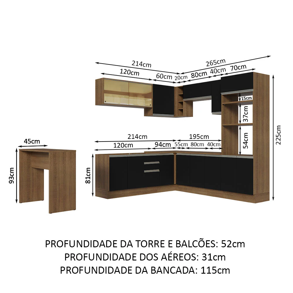 Armário de Cozinha Completa de Canto 504cm Rustic/Preto Glamy Madesa 01 - Image 3