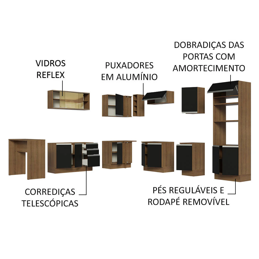 Armário de Cozinha Completa de Canto 504cm Rustic/Preto Glamy Madesa 01 - Image 4