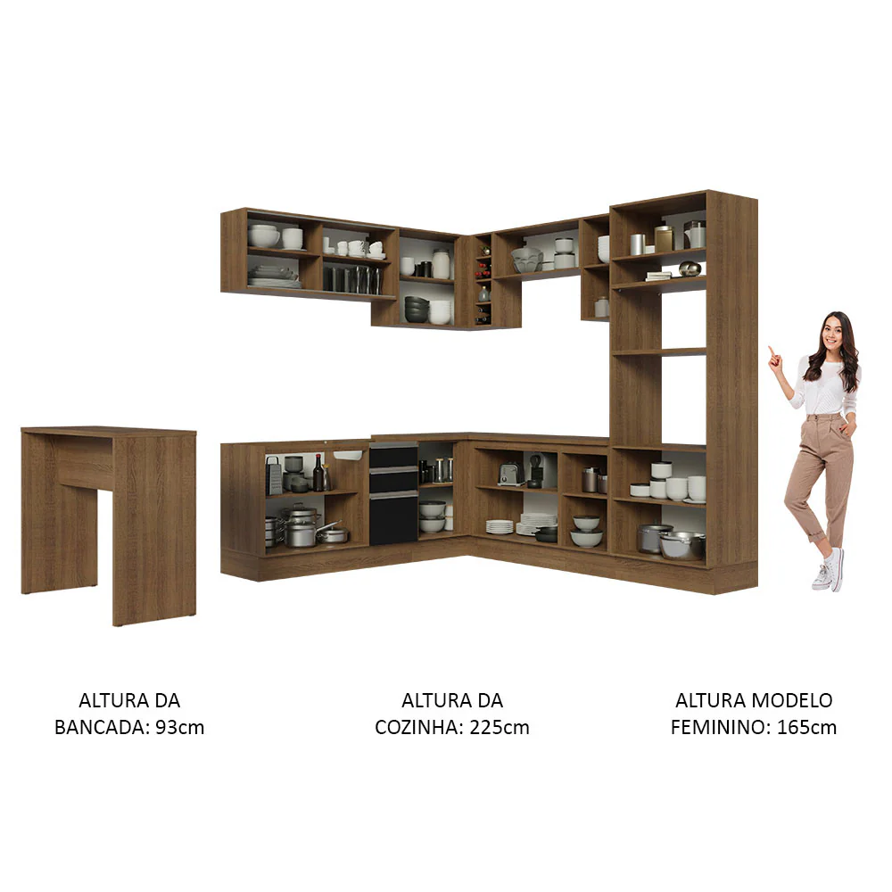 Armário de Cozinha Completa de Canto 504cm Rustic/Preto Glamy Madesa 01 - Image 5