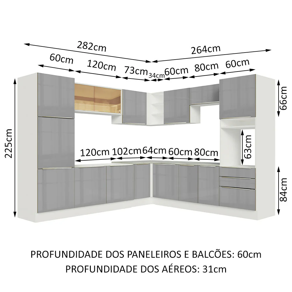 Armário de Cozinha Completa de Canto 546 x 60 cm Branco/Cinza Lux Madesa 03 - Image 3