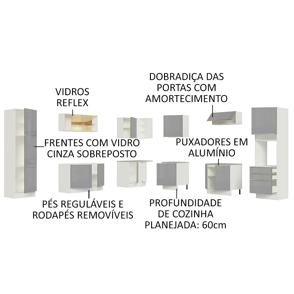Armário de Cozinha Completa de Canto 546 x 60 cm Branco/Cinza Lux Madesa 03 - Image 4
