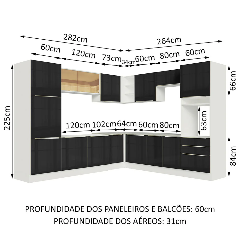 Armário de Cozinha Completa de Canto 546 x 60 cm Branco/Preto Lux Madesa 03 - Image 3