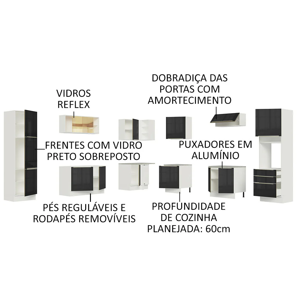 Armário de Cozinha Completa de Canto 546 x 60 cm Branco/Preto Lux Madesa 03 - Image 4