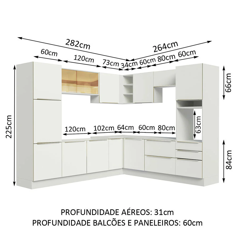 Armário de Cozinha Completa de Canto 546 x 60 cm Branco/Branco Veludo Lux Madesa 01 - Image 3