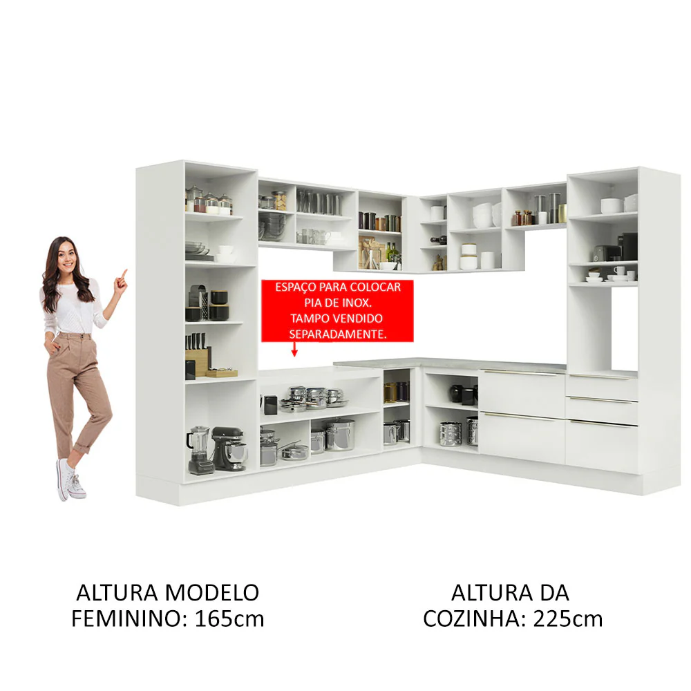 Armário de Cozinha Completa de Canto 546 x 60 cm Branco/Branco Veludo Lux Madesa 01 - Image 5