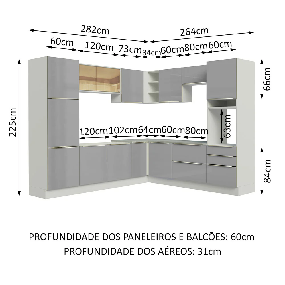 Armário de Cozinha Completa de Canto 546 x 60 cm Branco/Cinza Lux Madesa 01 - Image 3