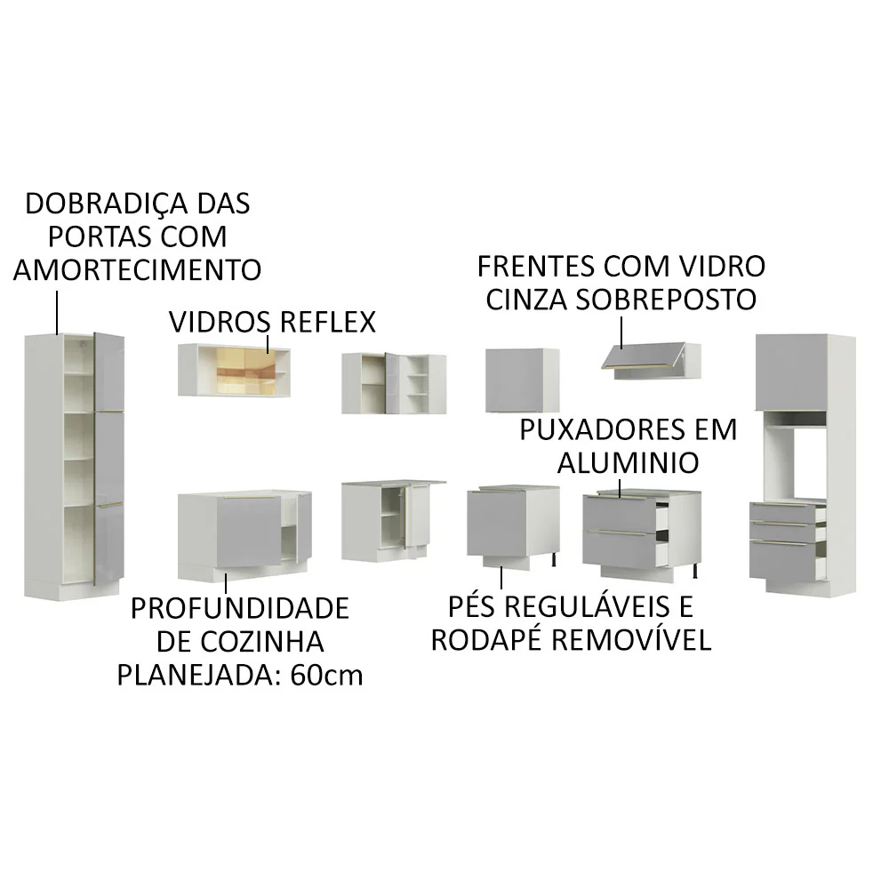 Armário de Cozinha Completa de Canto 546 x 60 cm Branco/Cinza Lux Madesa 01 - Image 4
