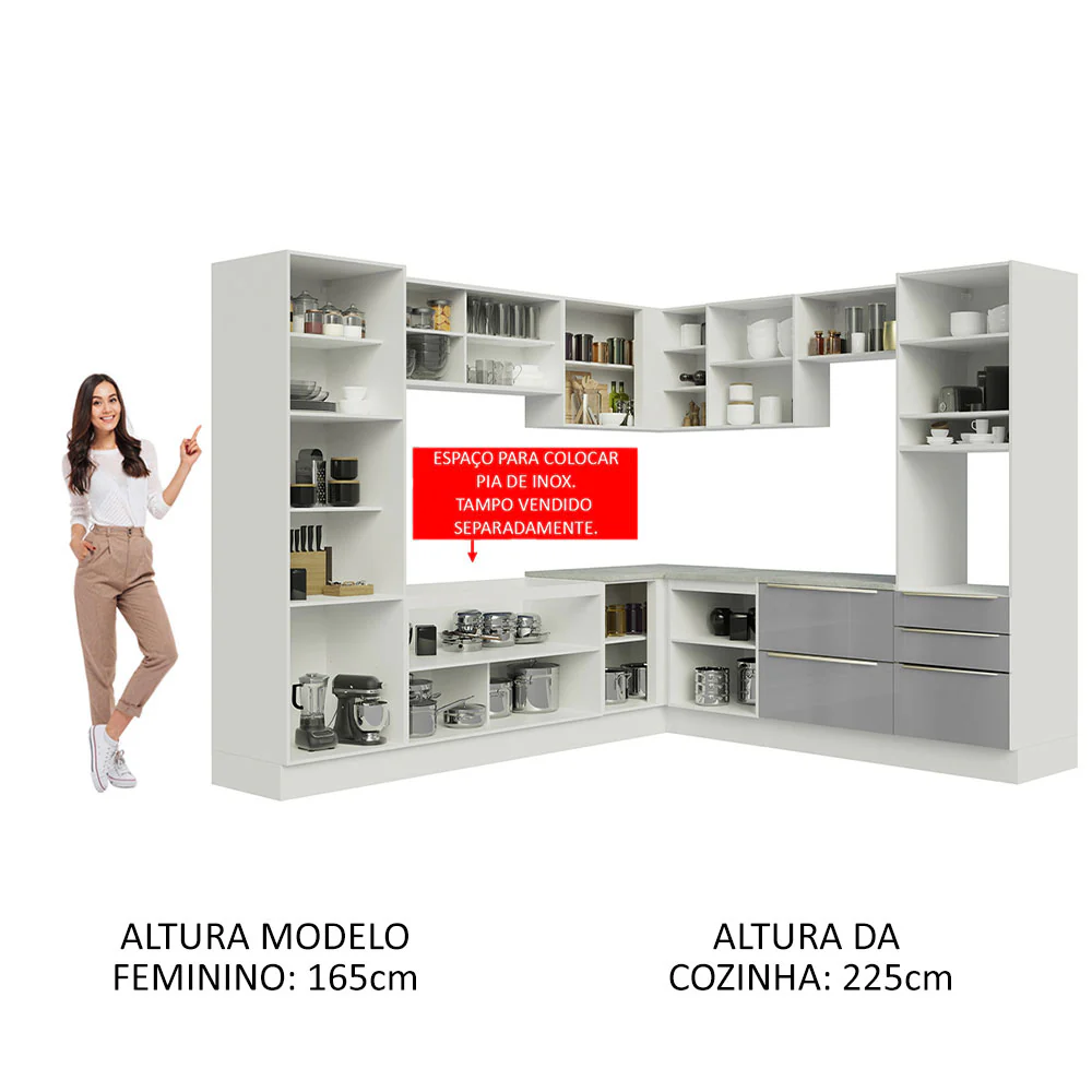 Armário de Cozinha Completa de Canto 546 x 60 cm Branco/Cinza Lux Madesa 01 - Image 5