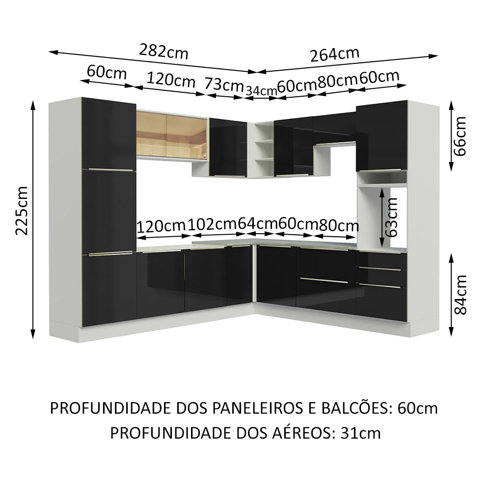 Armário de Cozinha Completa de Canto 546 x 60 cm Branco/Preto Lux Madesa 01 - Image 3