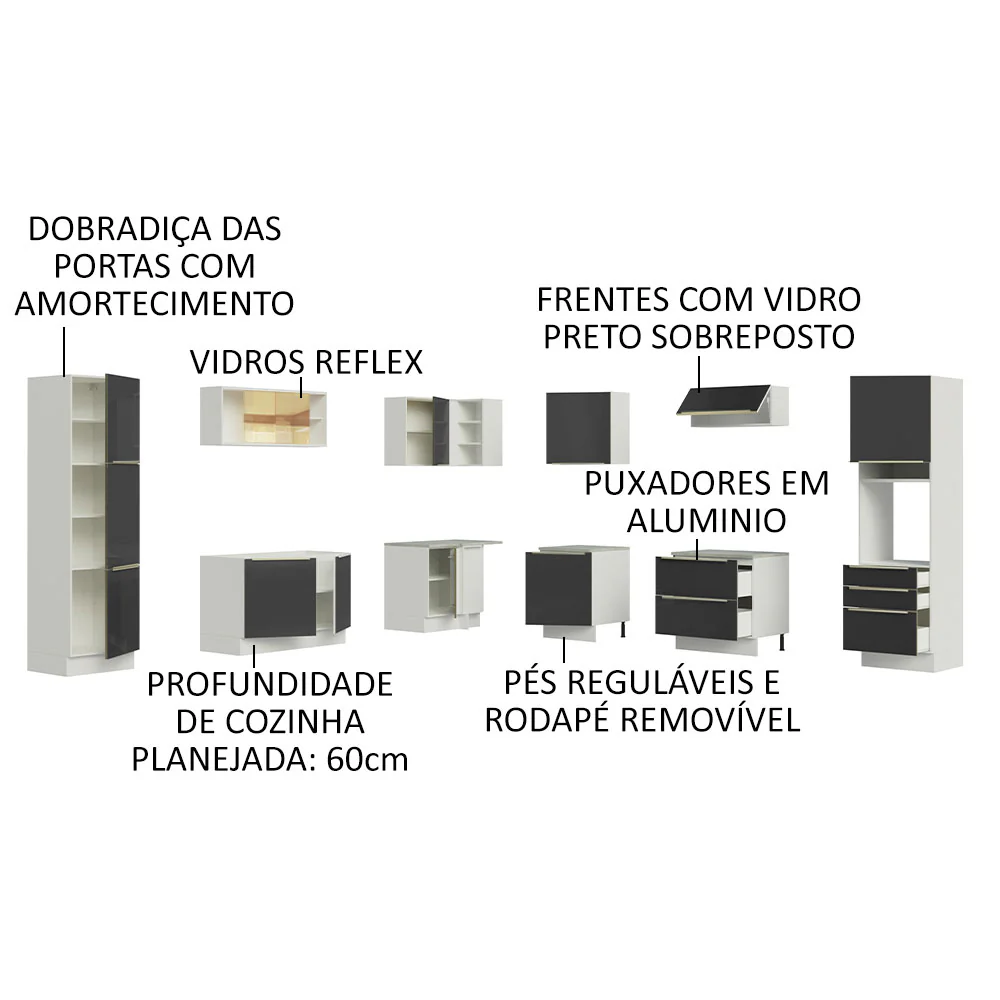 Armário de Cozinha Completa de Canto 546 x 60 cm Branco/Preto Lux Madesa 01 - Image 4
