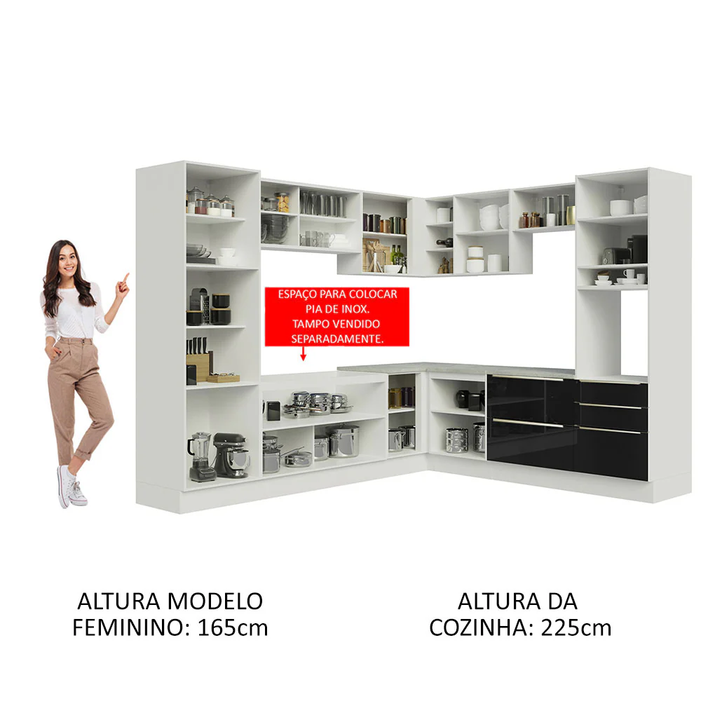 Armário de Cozinha Completa de Canto 546 x 60 cm Branco/Preto Lux Madesa 01 - Image 5