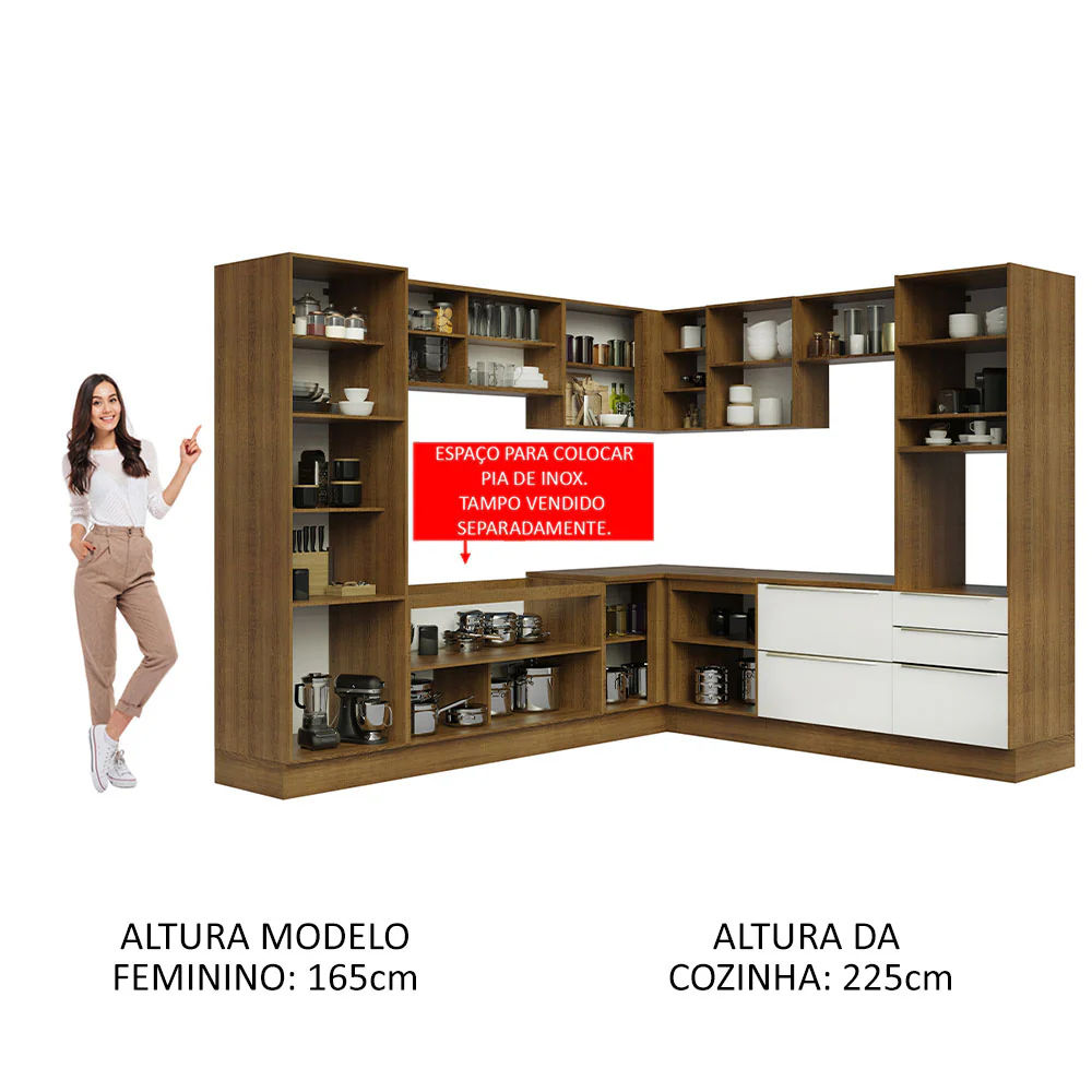 Armário de Cozinha Completa de Canto 546 x 60 cm Rustic/Branco Veludo Lux Madesa 01 - Image 5