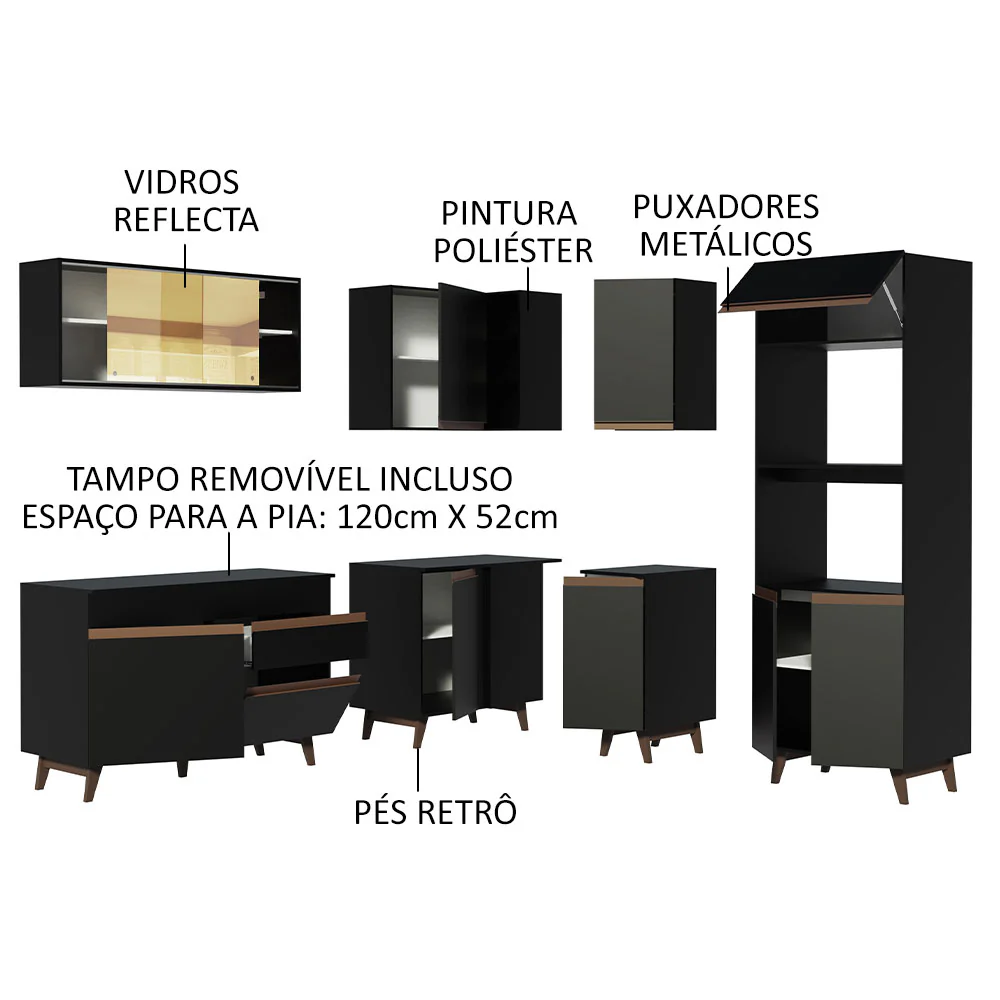 Armário de Cozinha Completa de Canto 367cm Preto Reims Madesa 01 - Image 4