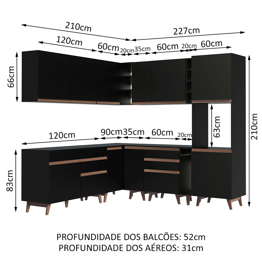 Armário de Cozinha Completa de Canto 437cm Preto Reims Madesa 01 - Image 3