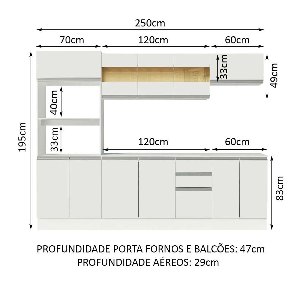 Armário de Cozinha Completa 100% MDF 250cm Branco Smart Madesa 01 - Image 3