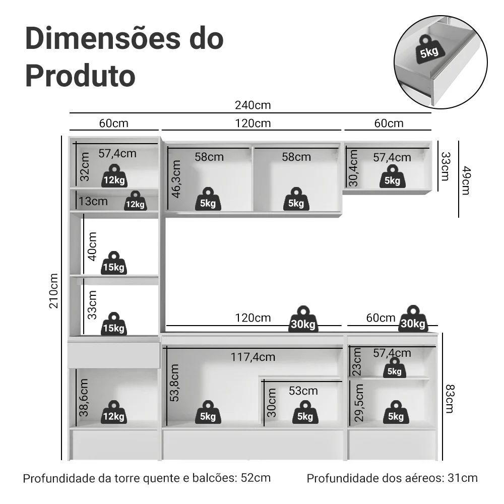 Armário de Cozinha Completa 240cm Branco Topazio Madesa - Image 3