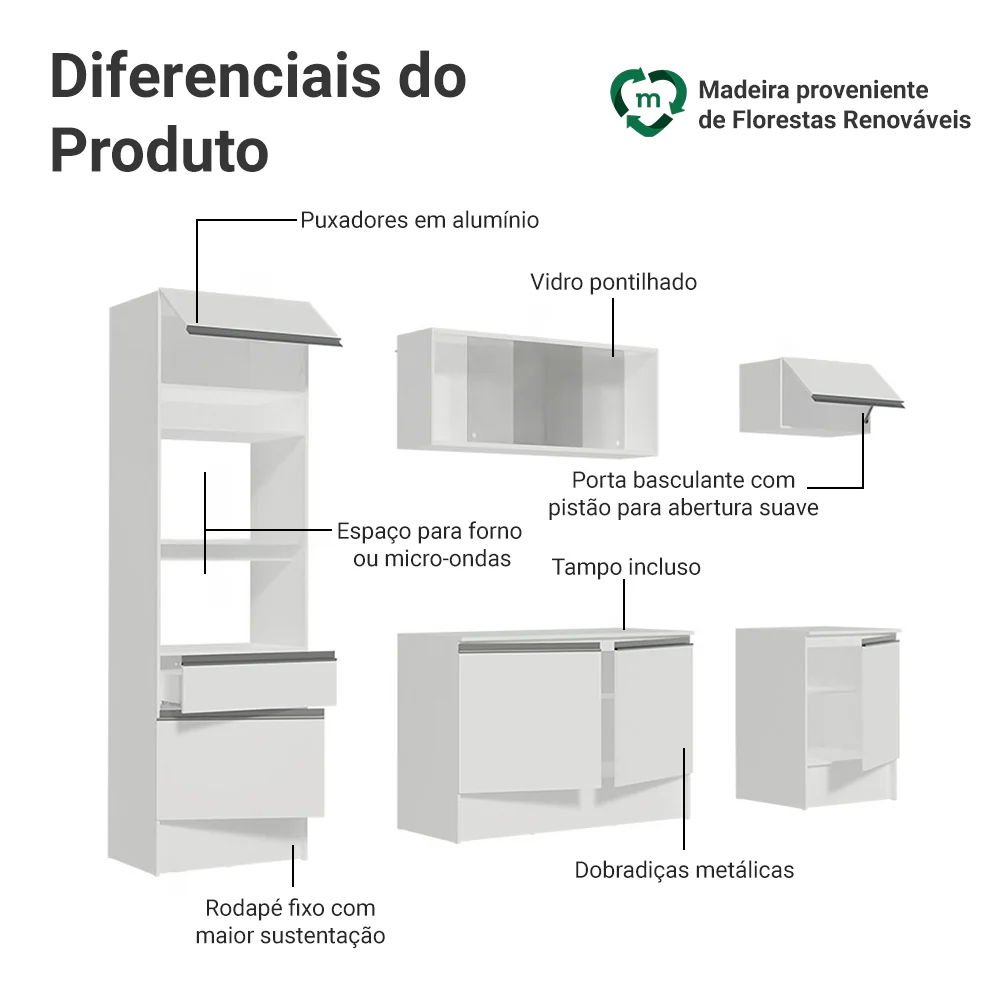 Armário de Cozinha Completa 240cm Branco Topazio Madesa - Image 4
