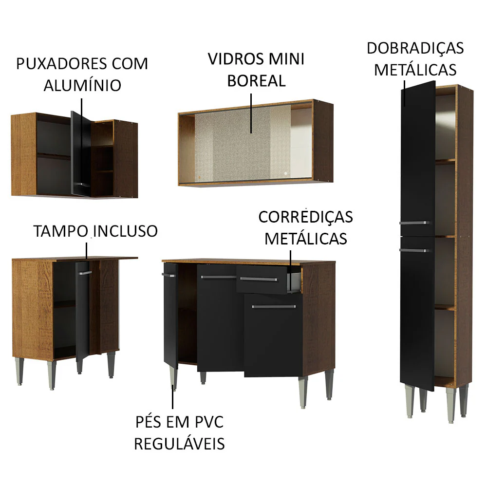 Armário de Cozinha Completa de Canto 261cm Rustic/Preto Emilly Face Madesa 02 - Image 4