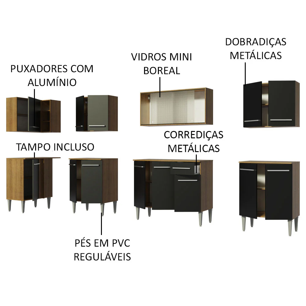 Armário de Cozinha Completa de Canto 357cm Rustic/Preto Emilly Jazz Madesa 02 - Image 4