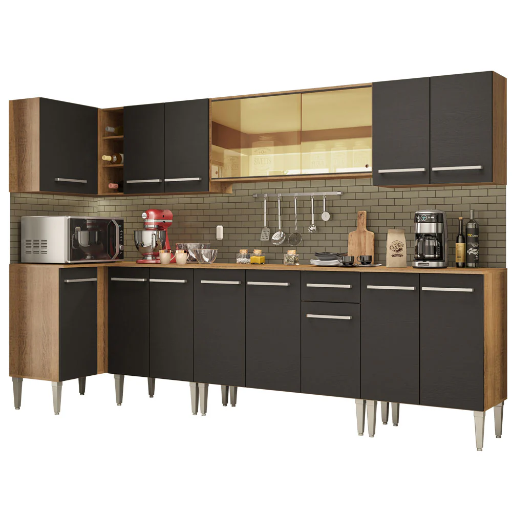Armário de Cozinha Completa de Canto 357cm Rustic/Preto Emilly Mega Madesa 03 - Image 2